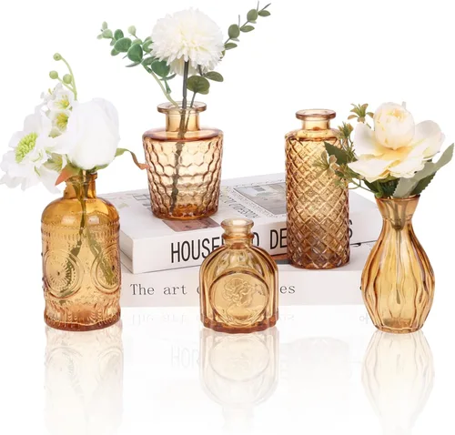 Juego de 5 jarrones de cristal ámbar, pequeños jarrones dorados para centros de mesa a granel, mini jarrón vintage para el hogar, boda, decoración