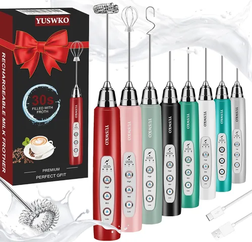 Miniatura 46 de YUSWKO - Espumador de leche recargable de mano con 3 cabezas, mezclador de bebidas con 3 velocidades ajustables para latte, cappuccino, chocolate