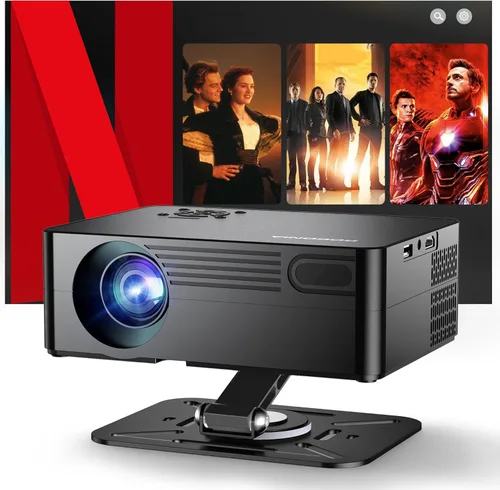Proyector con Netflix y soporte de 180°, proyector inteligente con WiFi y Bluetooth, enfoque automático AI y proyector de película portátil Keystone