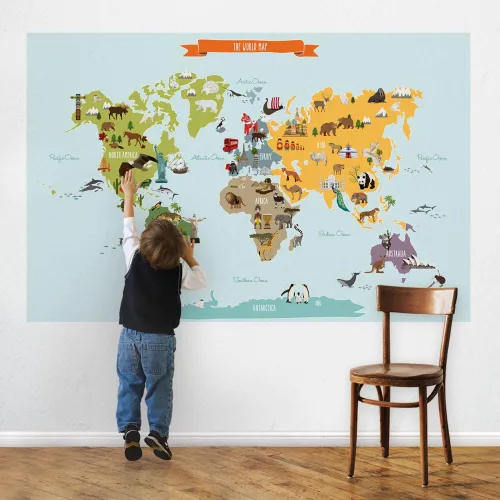 Miniatura 3 de Póster de vinilo con mapa del mundo infantil para pared, diseño de mapa del mundo ilustrado