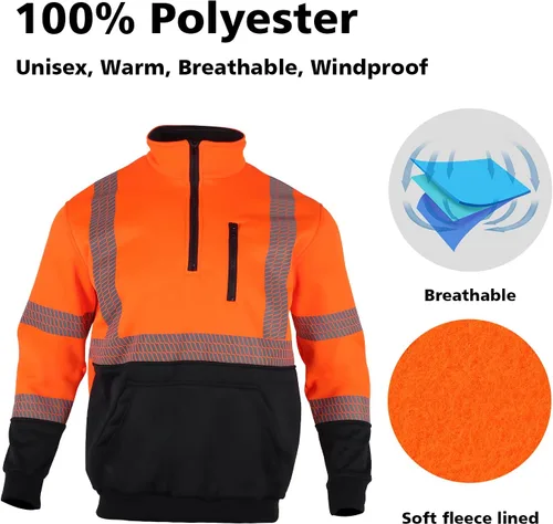 Miniatura 5 de VENDACE Hi Vis - Sudadera reflectante de seguridad para hombres ANSI Clase 3 de alta visibilidad, forro polar con cremallera de 1/4, sin capucha