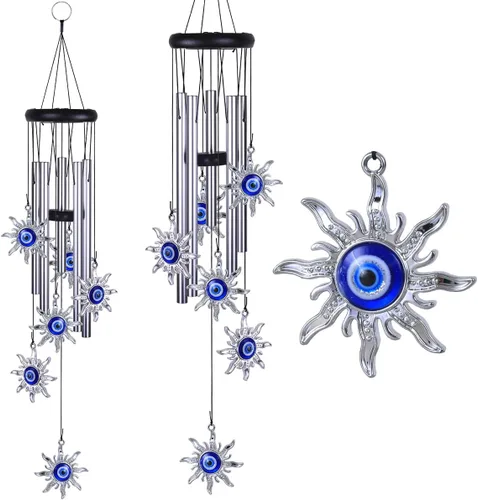 Miniatura 8 de Campanillas de viento azules con ojo maléfico para decoración exterior, atrapavientos móvil con sol y ojo maléfico, campanas de viento con sol y ojo
