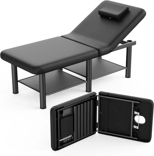 Miniatura 10 de pouseayar Mesa de masaje estacionaria rosa cama plegable con respaldo y espacio de almacenamiento para mesa de tratamiento, mesa de terapia física