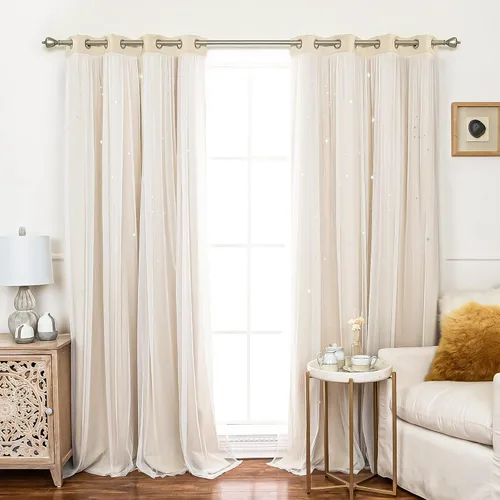 Miniatura 7 de Best Home Fashion Par de cortinas opacas con revestimiento de tul y corte láser, paneles de ventana con ojales plateados para dormitorio, habitación