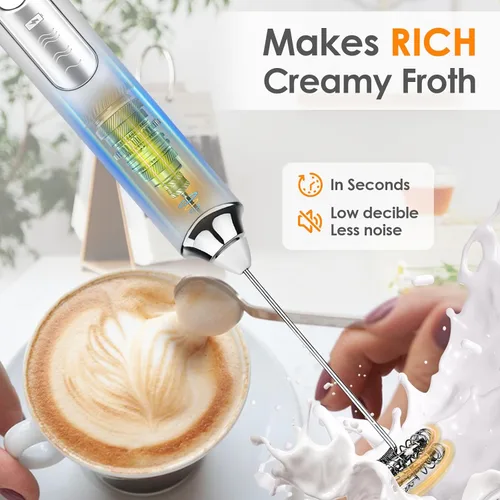 Miniatura 5 de Espumador de Leche de Mano, Batidor de Café Recargable con 2 Batidores de Acero Inoxidable de 3 Velocidades, Mezclador de Bebidas, Espumador Blanco