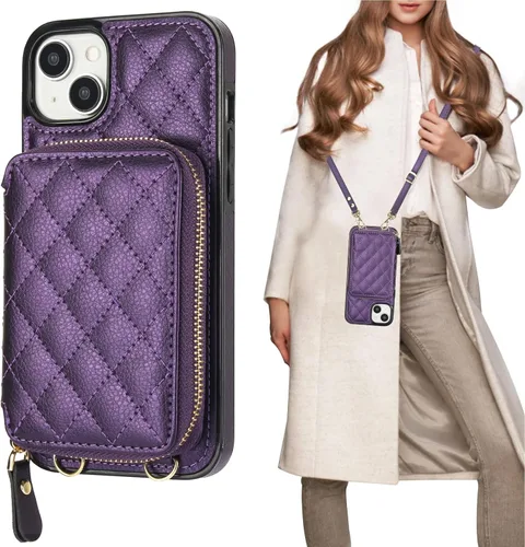 Miniatura 11 de Bocasal Funda tipo cartera cruzada para iPhone 14 Plus, bloqueo RFID, de piel sintética, con cremallera, funda tipo cartera con función atril y Negro