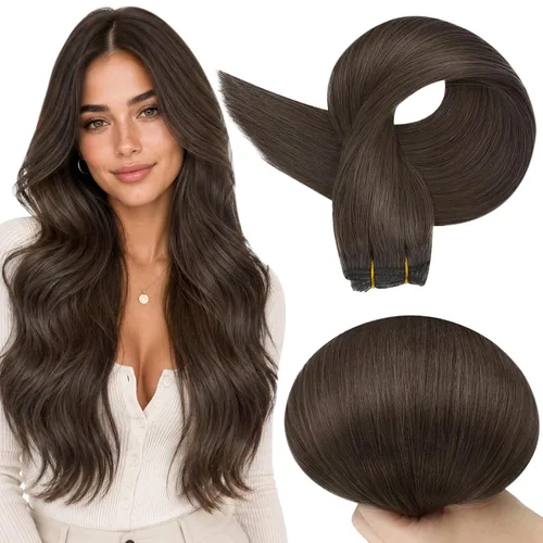 Miniatura 45 de Full Shine Extensiones de cabello humano, 18 pulgadas, mechones de trama, color #2 castaño oscuro, 3.5 onzas, cabello Remy para coser, doble trama
