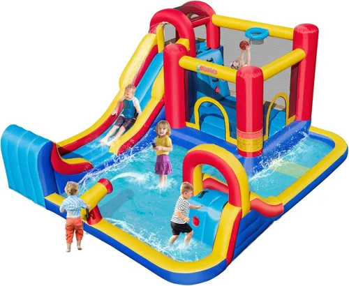 Miniatura 12 de OLAKIDS Tobogán acuático inflable, casa de rebote 7 en 1 con 2 toboganes de escalada de pared, piscina con 2 columnas de anillo, pistola de agua