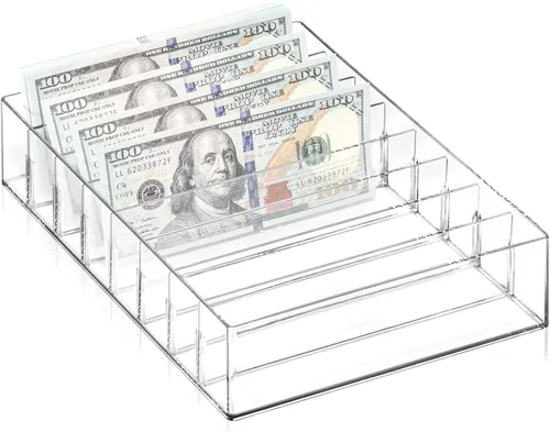 XUWAIDSGN Organizador de efectivo acrílico grande de 8 secciones, organizador de bandeja de presupuesto de dinero transparente, divisor de plástico,