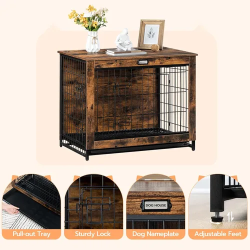 Miniatura 8 de Mueble de jaula para perros, perrera pequeña de 25.5 pulgadas para interiores, jaula de madera con bandeja extraíble, mesa auxiliar lateral que