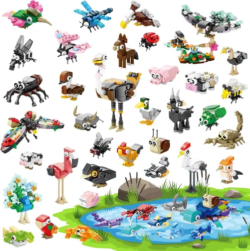 Miniatura 9 de 30 paquetes de recuerdos de fiesta de animales para niños, 999+ piezas de bloques de construcción, 3 estilos de dinosaurios/mar/bosque, 10 en 1