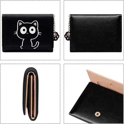 Miniatura 3 de Sunwel Fashion Lindo portatarjetas con diseño de gato pequeño - Estuche para tarjetas con cremallera de acordeón, bolsillos para efectivo, monedero
