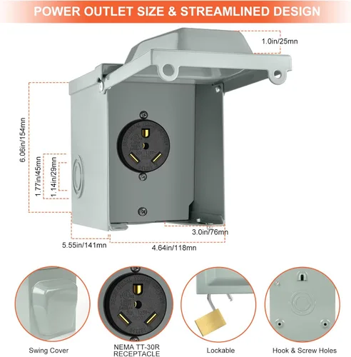 Miniatura 2 de WELLUCK Caja de toma de corriente de 30 amperios para RV, receptáculo RV de 125 voltios NEMA TT-30R, panel eléctrico exterior cerrado