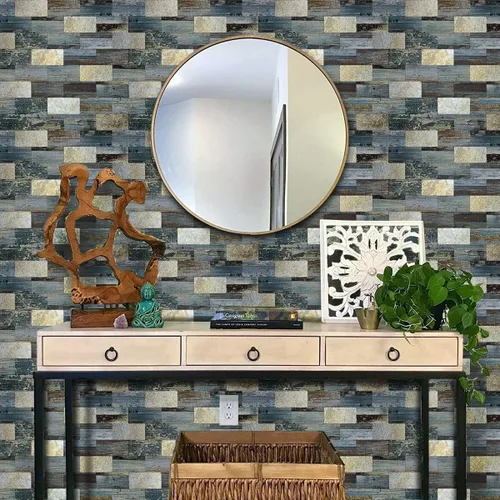 Miniatura 4 de Azulejo metálico de PVC para despegar y pegar, 10 hojas, adhesivo de pared de grano de madera autoadhesivo, fácil de pegar en paredes de cocina