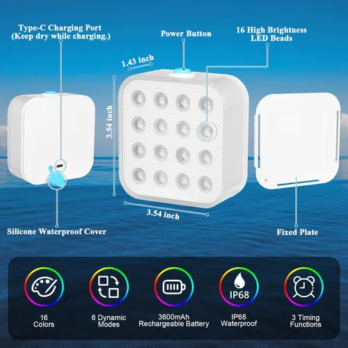 Miniatura 4 de Luces de piscina recargables con control remoto, 16 luces LED sumergibles con cambio de color, impermeables para piscina enterrada, estanques