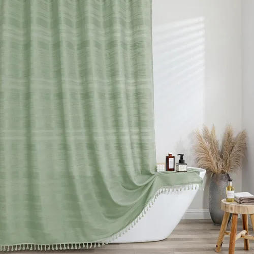 Miniatura 27 de OVZME Cortina de ducha bohemia negra, cortina de ducha estrecha de tela suave a rayas de lino texturizado con borla, moderna decoración de baño
