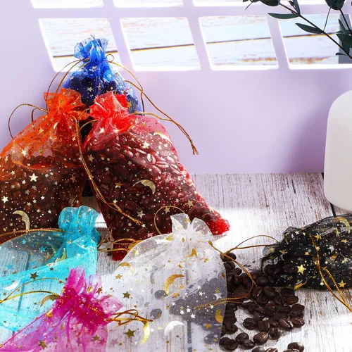 Miniatura 7 de Cunno 20 Pcs Moon Organza Mesh Jewelry Bags bulk with Drawstring Moon Star Organza Bags Sheer Candy Jewelry Pouches Wedding Favor Gift 4 x 6 Inch