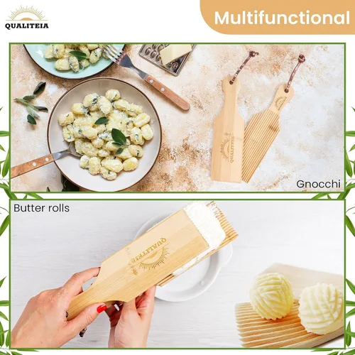 Miniatura 6 de Juego de tablas de ñoquis para masa rodante, 2 paletas, 2 rodillos y 1 cortador, herramientas moldeadoras de pasta de bambú, máquina para hacer