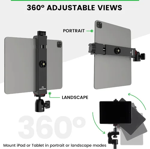 Miniatura 5 de KobraTech TabMount 360 - Soporte para trípode para iPad Incluye cabeza de bola giratoria y soporte Bluetooth remoto para iPad para trípode