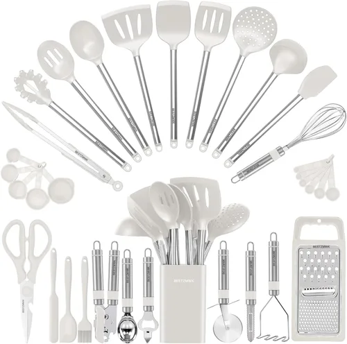 Juego de utensilios de cocina de silicona, 33 utensilios y cucharas antiadherentes, juego de espátulas de silicona y acero inoxidable, las mejores