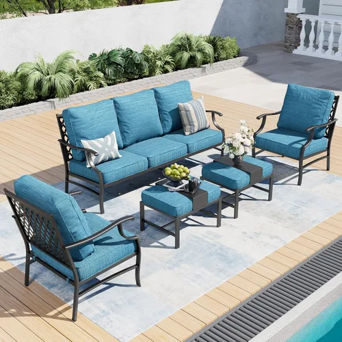 Miniatura 40 de SUNSHINE VALLEY Juego de muebles de patio, 4 piezas de muebles modernos de metal para exteriores, sofá de 3 plazas, 2 sillas mecedoras, mesa