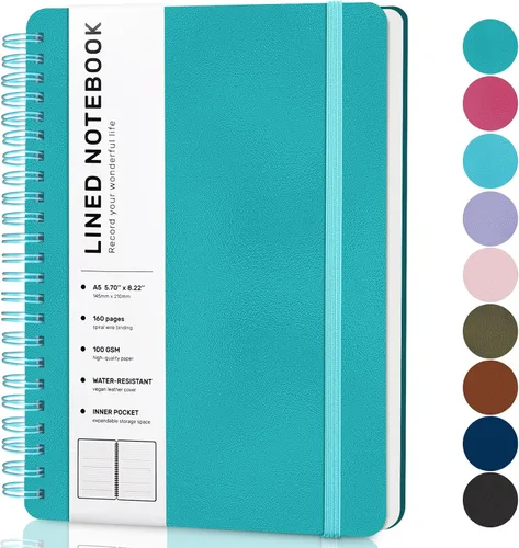 Miniatura 17 de Cuaderno de diario con líneas en espiral, cuaderno A5 de cuero de tapa dura para el trabajo, 5.7''×8.2'', papel grueso de 100GSM encuadernado