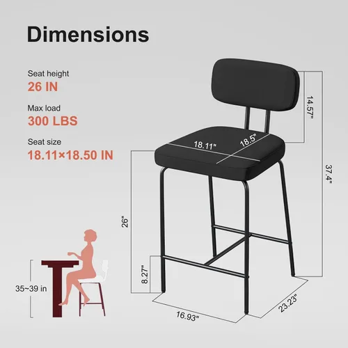 Miniatura 2 de GXJ - Juego de 3 taburetes de bar, taburetes de cocina con respaldos y patas de metal, taburetes de 26 pulgadas para altura de mostrador, tela