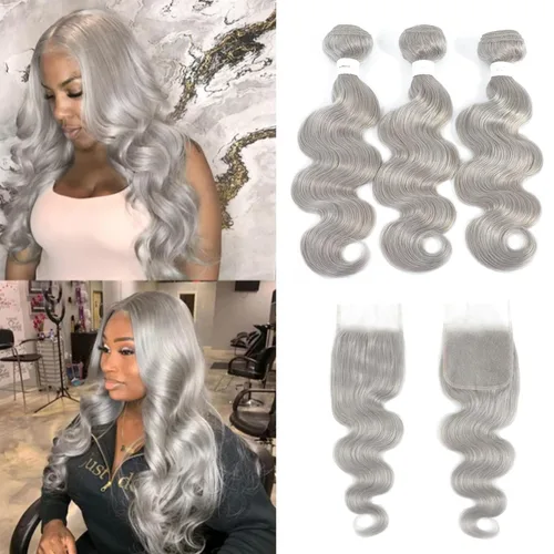 Miniatura 12 de Paquetes de Cabello Humano Ondulado Gris (10 pulgadas?1PC) 9A Paquetes de Tejido de Cabello Humano Brasileño Remy 100% Extensiones de Trama