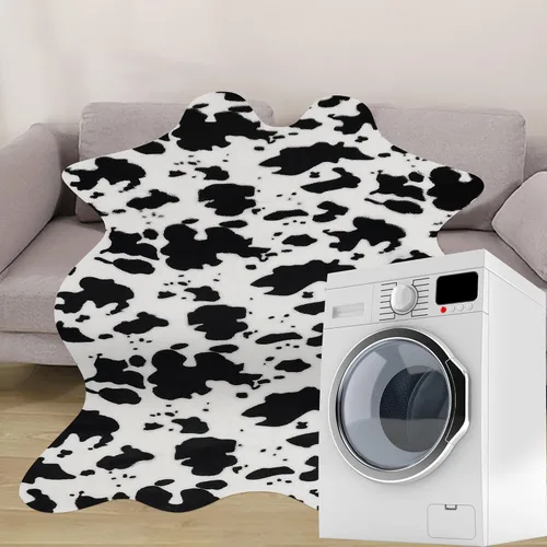Miniatura 9 de Bonita alfombra con estampado de vaca, pequeña de piel sintética de vaca en blanco y negro, alfombra con estampado animal para mesa, dormitorio