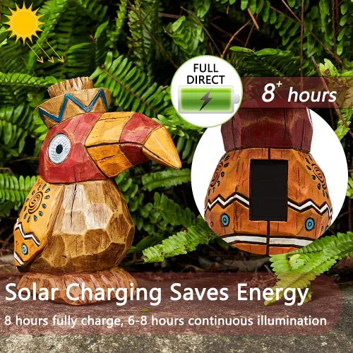 Miniatura 4 de Estatua Solar Tiki - Pájaro Carpintero de Madera - Jardín Hawaiano - Luz Solar para Exteriores, Esculturas y Estatuas de Jardín, Poste Tótem