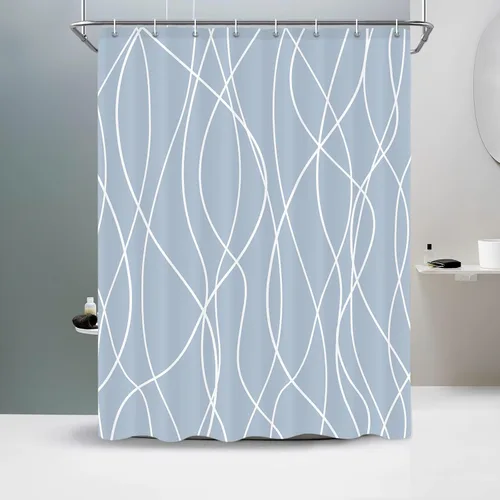 Miniatura 10 de Juego de cortinas de ducha azul egeo para baño con ganchos, cortinas de baño decorativas repelentes al agua y lavables con rayas blancas, 72 x 72