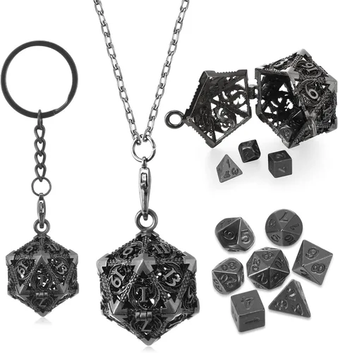 Miniatura 7 de Syhood Juego de dados pequeños, 7 piezas de dados pequeños de metal hueco D20, estuche para collar, llavero, juegos de mesa para juegos de rol