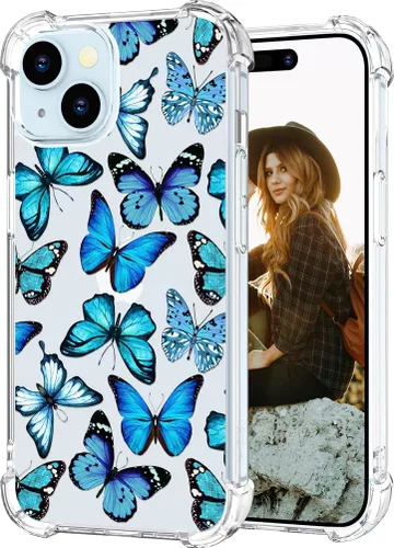 Miniatura 63 de Hungo Funda compatible con iPhone 15 Plus para mujer, diseño floral transparente, lindo, flor azul rosa Rosas Azules