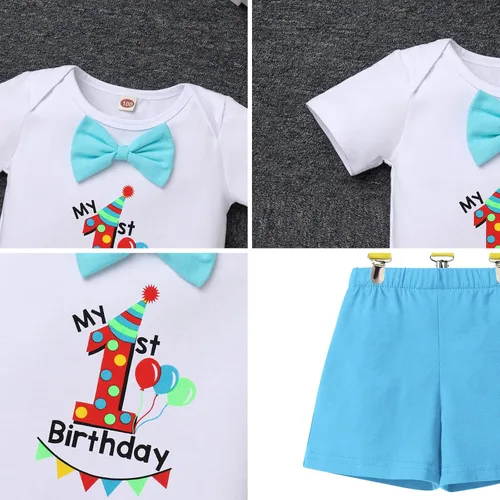 Miniatura 6 de Conjunto de traje de banderín para el primer cumpleaños de bebé niño, pajarita, pantalones cortos, tirantes en la espalda en Y, sesiones de fotos