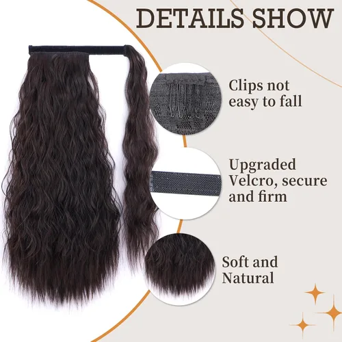 Miniatura 4 de Extensión de cola de caballo ondulada larga con pegamento mágico, resistente al calor, sintética, para envolver, cabello ondulado, para mujer
