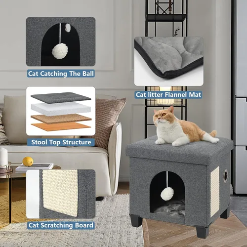 Miniatura 3 de BRIAN & DANY Casa plegable para gatos, cueva para gatos, cubo para gatos con tablero de rascar y bola, 14.7 x 14.1 x 12.7 pulgadas, gris