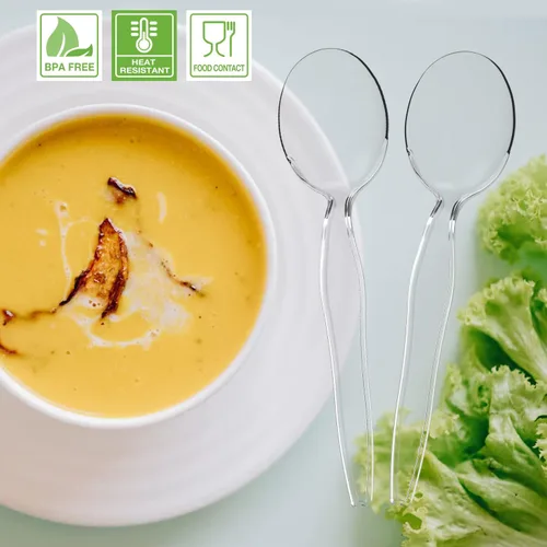Miniatura 3 de Cucharas de sopa de plástico, cubiertos transparentes pesados, utensilios desechables para suministros de fiesta, paquete de 100