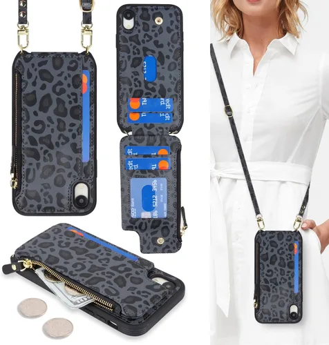 Cavor Funda tipo cartera para iPhone XR con tarjetero para mujer, funda para iPhone XR con correa, cordón cruzado y bolsillo con cremallera, funda