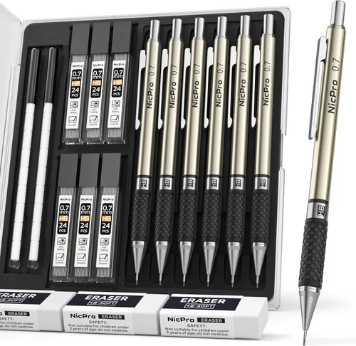 Nicpro Juego de lápices mecánicos artísticos de 0.028 in, 6 lápices de dibujo de metal de 0.028 in de tubo HB y 18 borradores de tapa para adultos,