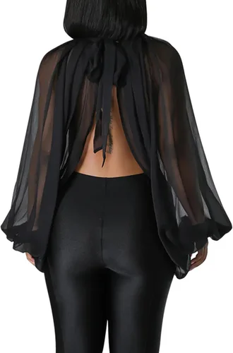 Miniatura 4 de Tops Sexys para Mujer Fiesta Club Noche con Mangas de Murciélago de Gasa Transparente con Lazo Trasero en la Parte Frontal Camisas de Mujer Casuales