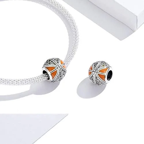 Miniatura 6 de Abalorio de cuentas de voleibol de plata de ley 925 con cuentas deportivas, pulsera original (personaje de baloncesto naranja)