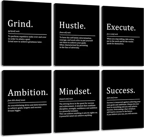 COSCTOR Juego de 6 Grind Hustle Execute Ambition Mindset Success Arte de Pared Motivacional Decoración Cuadros Lienzo Enmarcado para Oficina