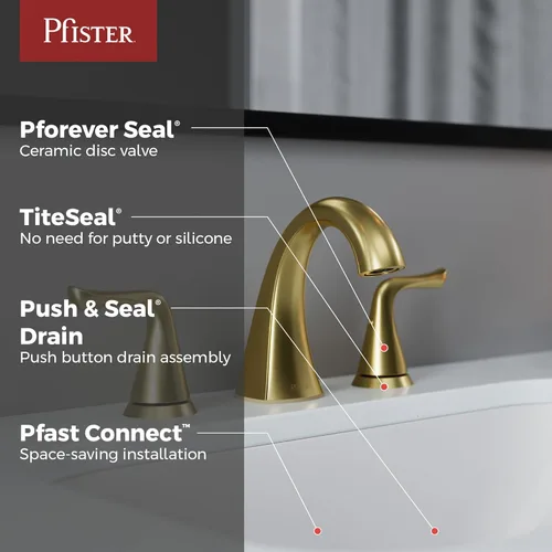 Miniatura 2 de Grifo Pfister Willa para lavabo de baño, 8 pulgadas de separación amplia, 2 manijas, 3 orificios, certificado NSF, acabado dorado cepillado, Oro