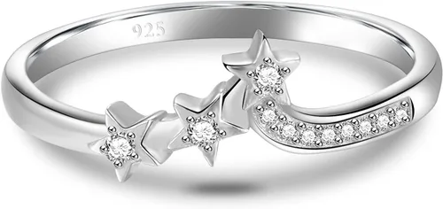 Miniatura 2 de BORUO Anillo de plata de ley 925, anillo de boda de 3 estrellas con circonita cúbica de ajuste cómodo, tamaño 4-12
