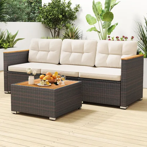Miniatura 4 de Tangkula Sofá de mimbre para patio de 3 plazas, juego de muebles de ratán de 3 plazas con reposabrazos de madera de acacia y cojín grueso, sofá
