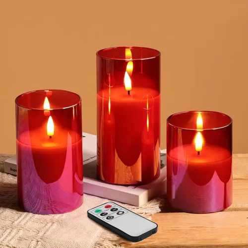 Eywamage Juego de 3 velas LED sin llama de cristal rojo con control remoto, velas parpadeantes de cera real