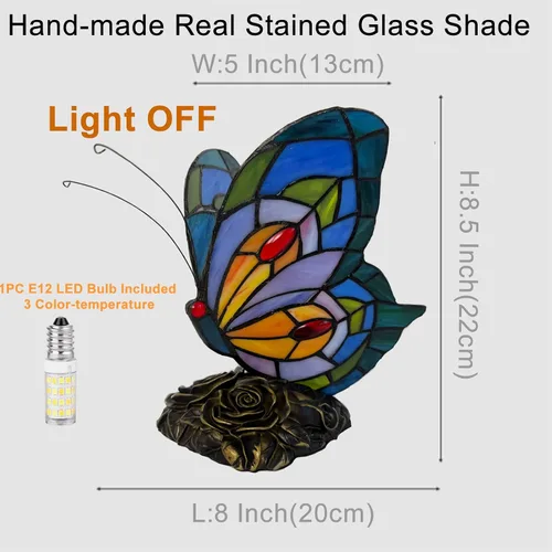 Miniatura 6 de Lámpara de Mesita LED Azul Tiffany Mariposa Nocturna con Interruptor de Encendido/Apagado, Lámpara de Escritorio de Vidrio Manchado, Luz Nocturna