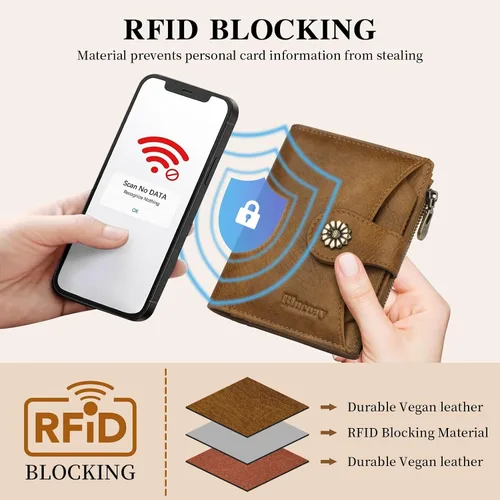 Miniatura 6 de Billetera para mujer, con bloqueo RFID, de piel de microfibra, compacta, plegable, con ventana de identificación extraíble (marrón)