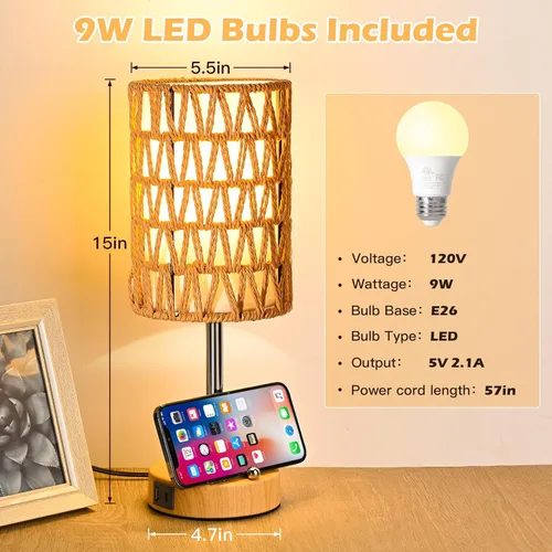 Miniatura 5 de Lámparas de mesa de ratán para sala de estar, lámparas táctiles regulables de 3 vías, lámparas de noche pequeñas con bombillas LED, soporte