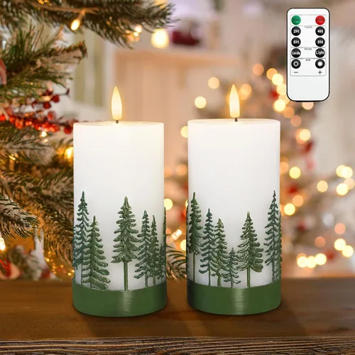 Miniatura 7 de Velas de Árbol de Navidad sin llama de Crystal Club, vela LED de pilas con control remoto, vela de pilar parpadeante 3D y cera real en relieve